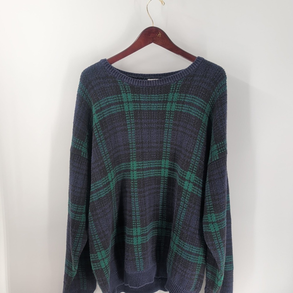 VTG 90s Old Navy Long Sleeve Crew Neck Plaid‎ Pullover Sweater Blue Green XL